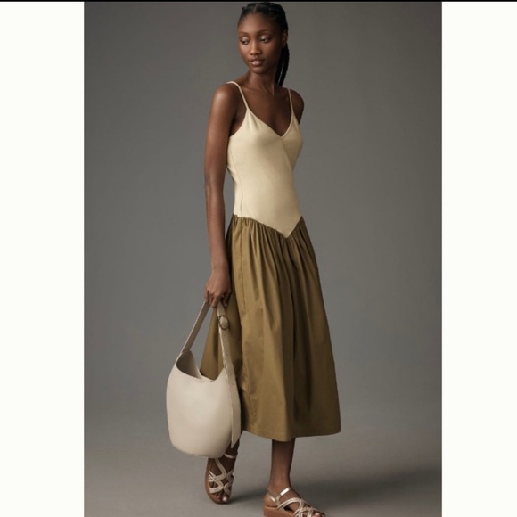 🌿|NWT| Anthropologie Maeve Ribbed Poplin Twofer Midi Dress - Picture 11 of 12